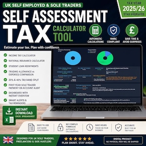 UK Self Assessment Tax Calculator | Sole Trader Spreadsheet | Income Tax, NI, Student Loan | Employed with Self Employed income
