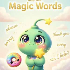 May include: An illustrated children's book cover titled "Bombo and the Magic Words." A green cartoon character with a star wand and a rainbow donut are featured. The words "please," "sorry," "thank you," and "can I help?" are written on the image.