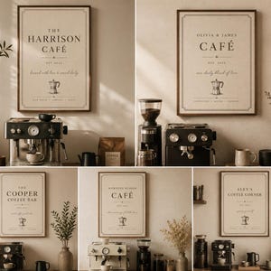 以下が含まれることがあります： コーヒーマシンとアクセサリーを備えた、額入りのカフェサインのコレクションです。「The Harrison Cafe」や「Olivia & James Cafe」などのテキストが表示されています。コーヒーメーカー、カップ、装飾用の植物が含まれています。