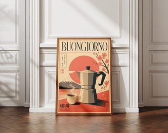 ボンジョルノコーヒーポスター｜日本とイタリアのモカポットウォールアート｜レトロな富士山プリント｜デジタルダウンロード