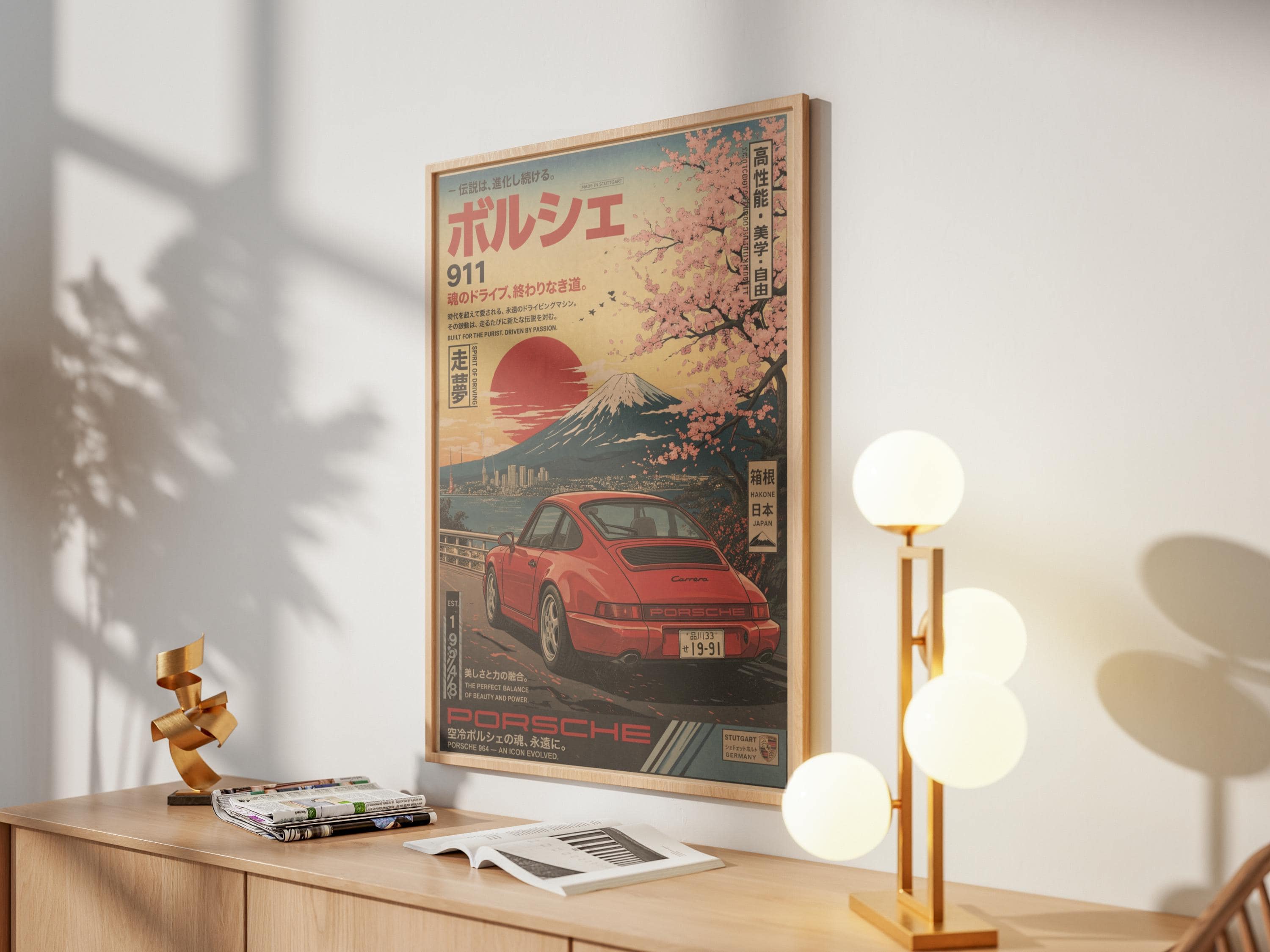 Retro Japanese Porsche 911 Poster With Cherry Blossom, Vintage