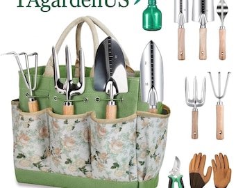 9-Piece Stainless Steel Gardening Tool Set with Floral Tote Bag