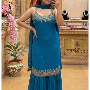Georgette Sharara Set Women Embroidered | Kurti Sharara Dupatta Set Sequins Work Party Wear Ethnic Outfit