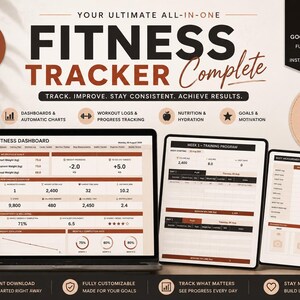 Peut inclure: Un modèle de suivi de fitness numérique pour Google Sheets affiché sur un ordinateur portable et deux tablettes. L'interface comprend un tableau de bord, un programme d'entraînement de 12 semaines et un suivi des mesures corporelles.