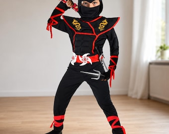 Disfraz de ninja para niños, traje negro musculoso de Halloween con accesorios de espuma.