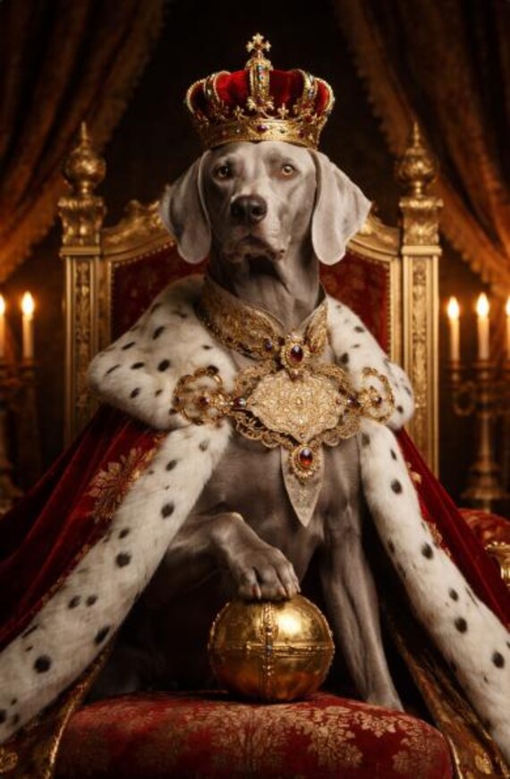 Portrait royal de Braque de Weimar : chien royal en tenue royale, art canin majestueux