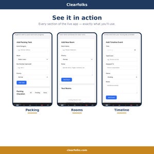 May include: A screenshot of a mobile app interface, showcasing features for organizing packing tasks, managing rooms, and creating a moving day timeline. The app displays options for adding tasks, rooms, and events.