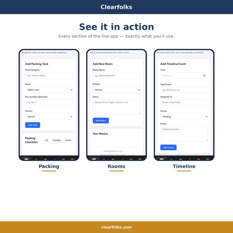 May include: A screenshot of a mobile app interface, showcasing features for organizing packing tasks, managing rooms, and creating a moving day timeline. The app displays options for adding tasks, rooms, and events.