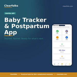 以下が含まれることがあります： Clearfolksのベビー＆産後トラッカーアプリの広告。スマートフォンの画面にアプリのインターフェースが表示され、授乳、睡眠、おむつ交換、搾乳の追跡機能が表示されています。背景は濃い青とオレンジのグラデーションです。