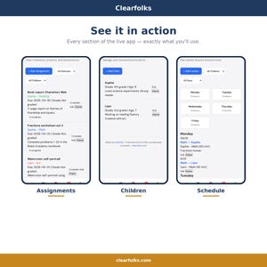 May include: Screenshot of a mobile app interface, showcasing features for managing assignments, children, and schedules. The app displays homework, student details, and lesson plans. The interface is clean with a white background and blue accents.