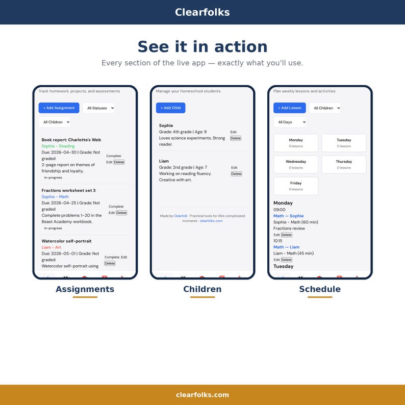 May include: Screenshot of a mobile app interface, showcasing features for managing assignments, children, and schedules. The app displays homework, student details, and lesson plans. The interface is clean with a white background and blue accents.
