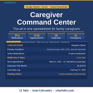 May include: A digital spreadsheet titled "Caregiver Command Center" with sections for medications, appointments, expenses, and emergency contacts. The spreadsheet includes patient information, medication details, and financial summaries. The text "Google Sheets + Excel - Instant Download" is at the top.