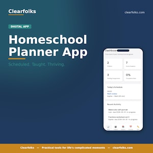 May include: A digital app advertisement for a Homeschool Planner. The app interface displays a dashboard with children, subjects, and pending assignments. The schedule shows a math review and recent activities like watercolor self-portraits and fractions worksheets.