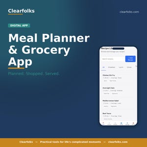 May include: A digital app advertisement for Clearfolks, a meal planner and grocery app. The image features the app's name and tagline, along with a smartphone displaying the app's recipe library. The app's interface shows recipe options for breakfast, lunch, and dinner.