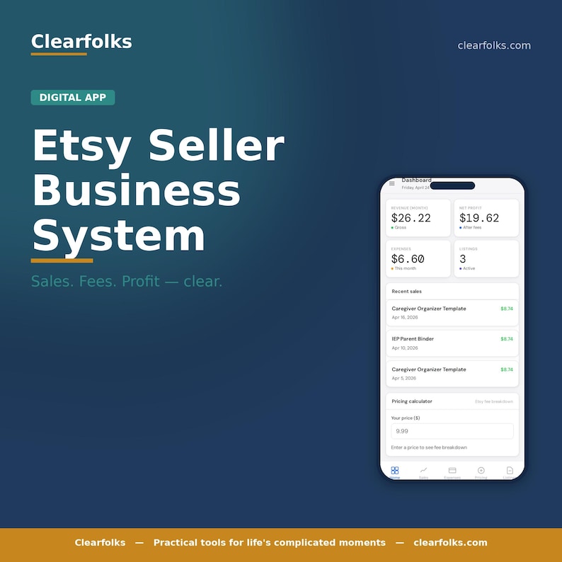 May include: A digital app interface displaying Etsy seller business data. The screen shows revenue, expenses, and net profit figures. The app also features recent sales and a pricing calculator. The app is designed to help Etsy sellers manage their sales.