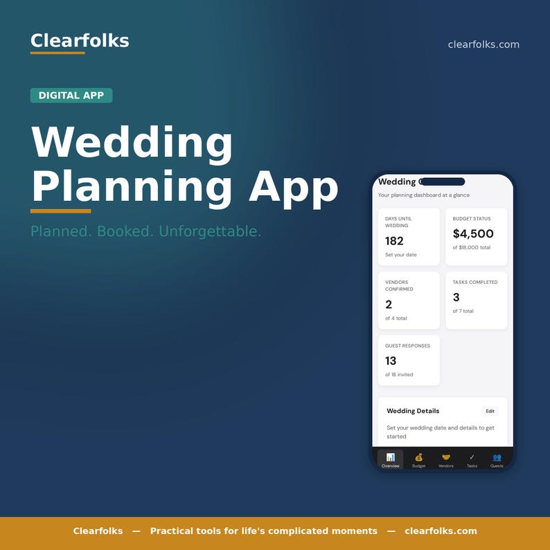 May include: A digital app interface for wedding planning, with the text "Wedding Planning App" and the tagline "Planned. Booked. Unforgettable." The app displays wedding details, budget status, and task progress on a smartphone screen.