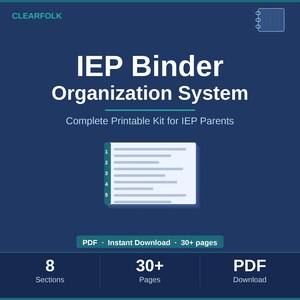 May include: A navy blue graphic with the text "IEP Binder Organization System" and "Complete Printable Kit for IEP Parents." The image includes a visual of a binder and the words "8 Sections," "30+ Pages," and "PDF Download."
