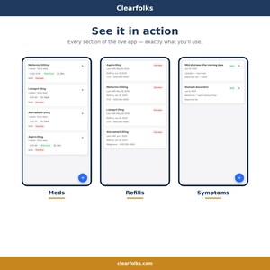 Pu&ograve; includere: Un'interfaccia di app mobile mostra informazioni sui farmaci, inclusi dosaggi e dettagli di ricarica. L'app "Clearfolks" presenta sezioni per "Farmaci", "Ricariche" e "Sintomi", con un invito a vedere l'app in azione.