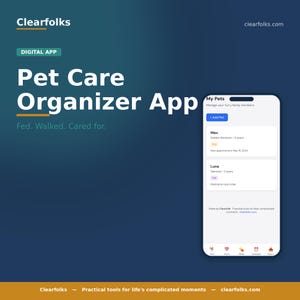 Puede incluir: Una captura de pantalla de una aplicación móvil para organizar el cuidado de mascotas. La aplicación, llamada "Pet Care Organizer App", muestra perfiles de mascotas, incluyendo un Golden Retriever llamado Max y una gata siamesa llamada Luna. La interfaz de la aplicación es blanca con detalles azules.