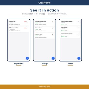 May include: A digital display showcasing three mobile app screens. The screens display information related to expenses, listings, and sales. The text "See it in action" and "Clearfolks" are also visible.