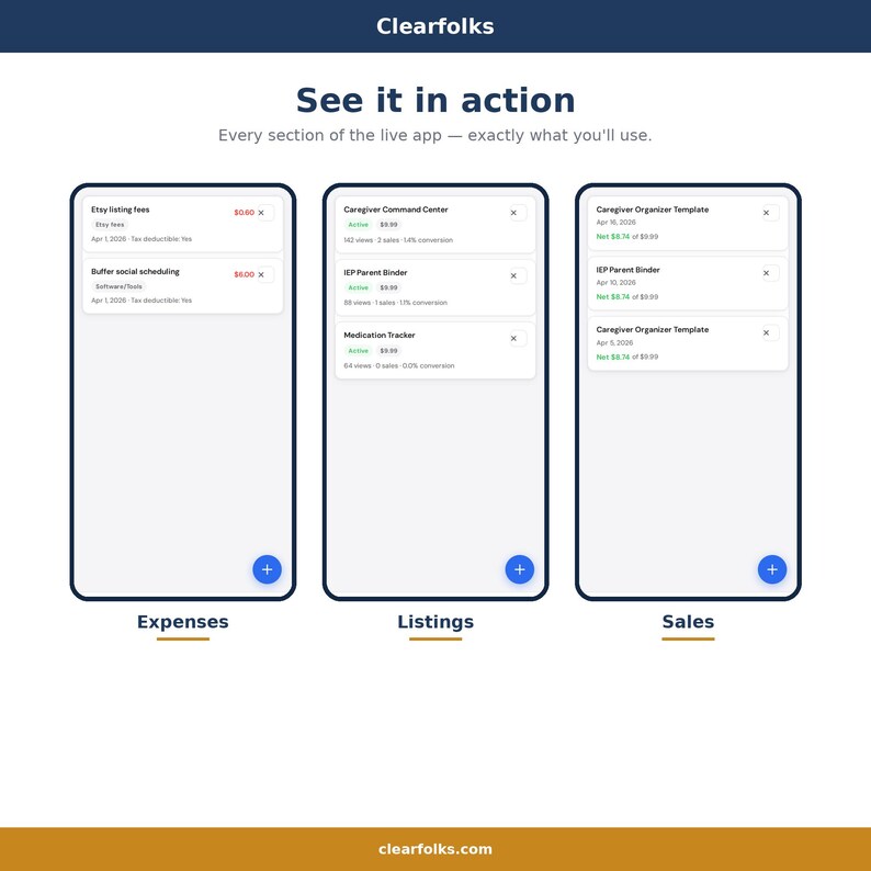 May include: A digital display showcasing three mobile app screens. The screens display information related to expenses, listings, and sales. The text "See it in action" and "Clearfolks" are also visible.