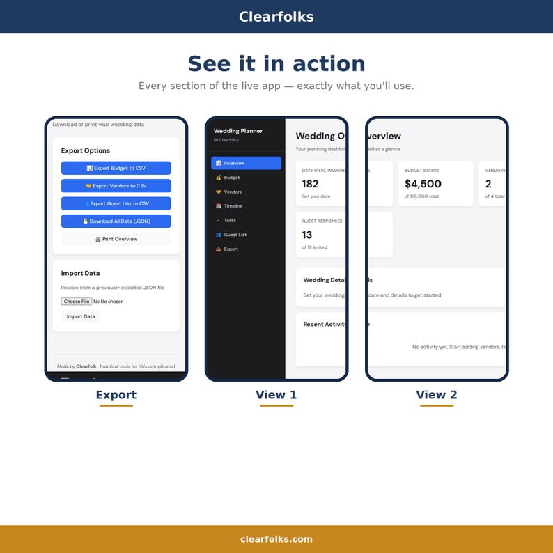 May include: A screenshot of a mobile app interface with the text "Clearfolks" at the top. The app displays options for exporting and importing wedding data, along with views for planning and overview. The app's interface is displayed on three mobile phone screens.