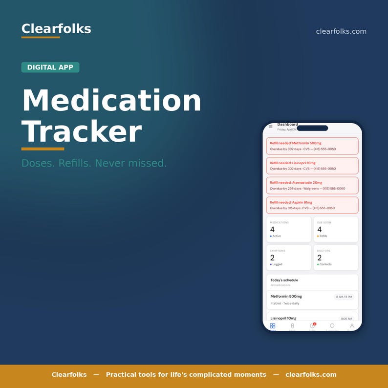 Pu&ograve; includere: Interfaccia di un'app digitale per un tracker di farmaci, che mostra una dashboard con promemoria dei farmaci e informazioni sui rifornimenti. L'interfaccia dell'app &egrave; bianca con accenti rossi e grigi, con il testo "Medication Tracker".