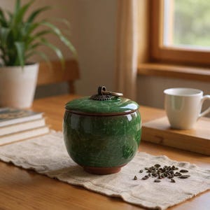 Op de afbeelding: Een groene keramische pot met een deksel, met een getextureerd oppervlak en een bronzen handvat. De pot staat op een beige linnen loper op een houten tafel. Een witte mok en een plant staan op de achtergrond.