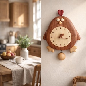 May include: A wooden chicken-shaped wall clock with a light-colored clock face and dark brown body. The clock has a red comb, wooden feet, and a pendulum. The clock hands are brown, and the numbers are clearly visible.