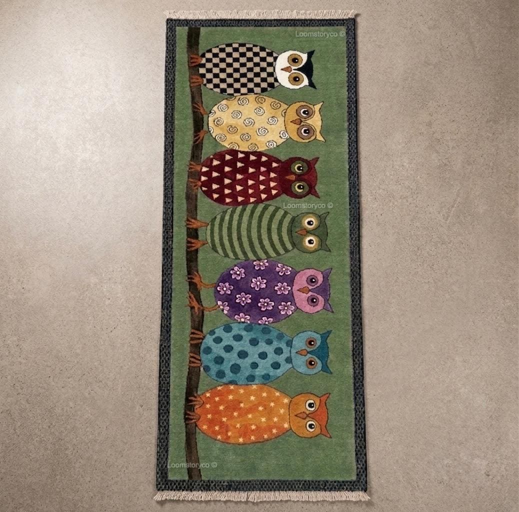 Hand Knotted Owl Runner Rug | Colorful Animal Hallway Carpet | Woolen Nursery & Kitchen Decor |