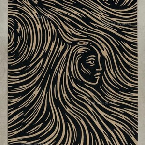 Può includere: Un tappeto rettangolare caratterizzato da un motivo grafico ad alto contrasto in nero e beige. Il design raffigura un volto umano stilizzato di profilo, circondato da linee fluide e vorticose che creano un senso di movimento sulla superficie.