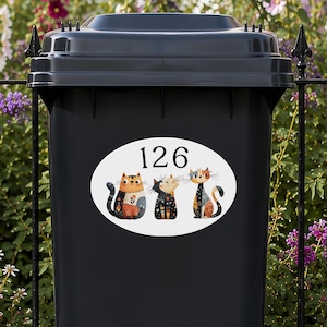 Autocollants personnalisés pour poubelles à roulettes avec chats en patchwork, étiquettes pour bacs de recyclage, étiquettes extérieures pour numéros de maison, étiquettes imperméables pour bacs à déchets alimentaires