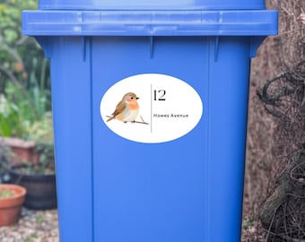 Cottagecore robin custom wheelie bin stickers, Personalised house number street name outdoor labels, Traditional decorative bird design