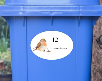 Cottagecore robin custom wheelie bin stickers, Personalised house number street name outdoor labels, Traditional decorative bird design