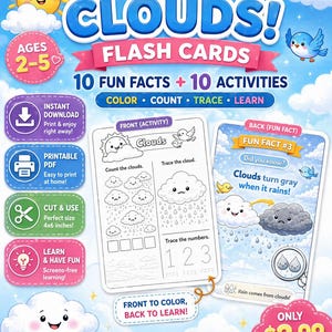 May include: Colorful flash cards for ages 2-5 with the title "Fun Facts About Clouds!" The cards feature activities to color, count, trace, and learn. The front of the card has a cloud activity, and the back has a fun fact about clouds.