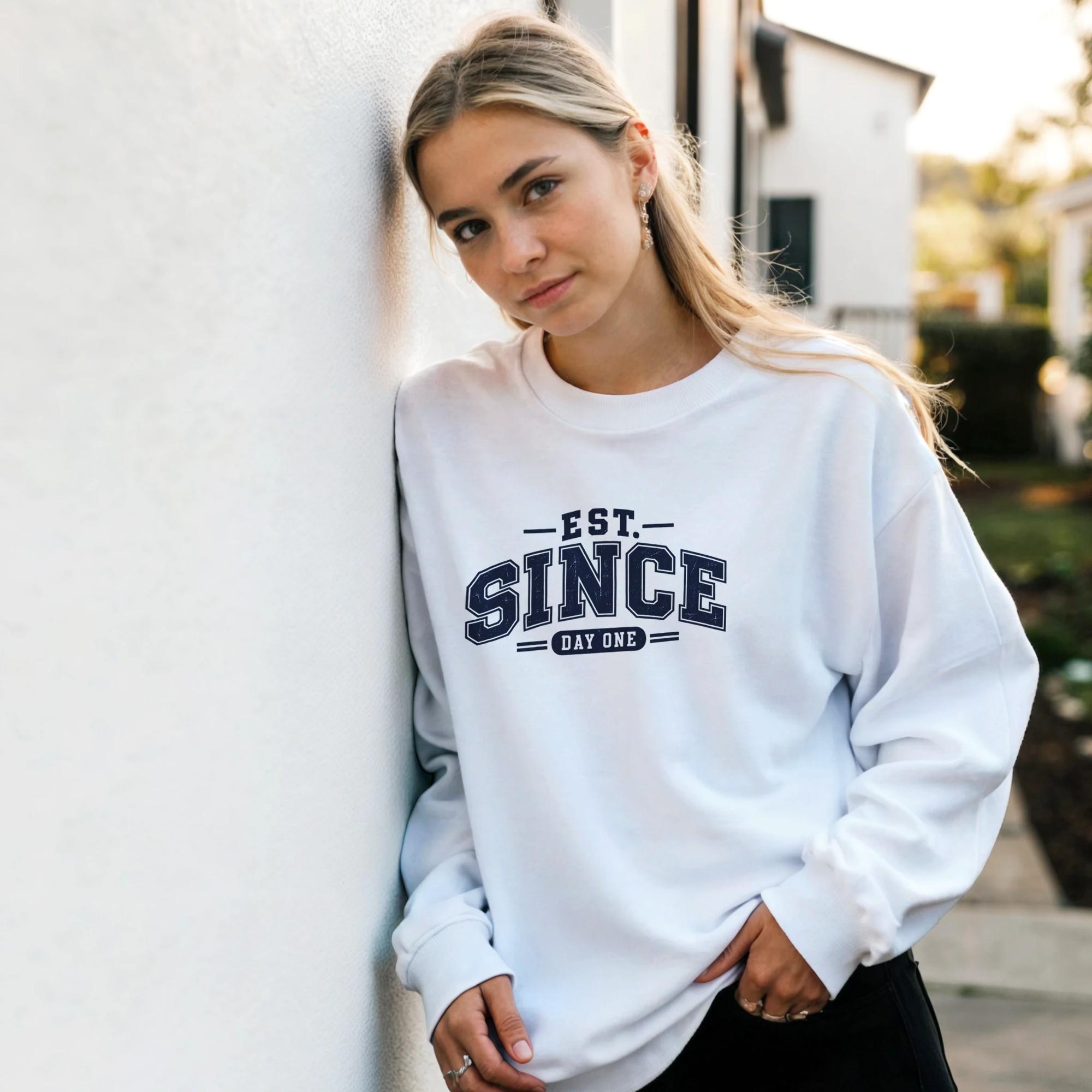 Est Since Day One Sweatshirt, Vintage Varsity Crewneck, Men's Cozy Sweatshirt, Collegiate Style Pullover, Retro Typography Sweater | Etsy product mockup