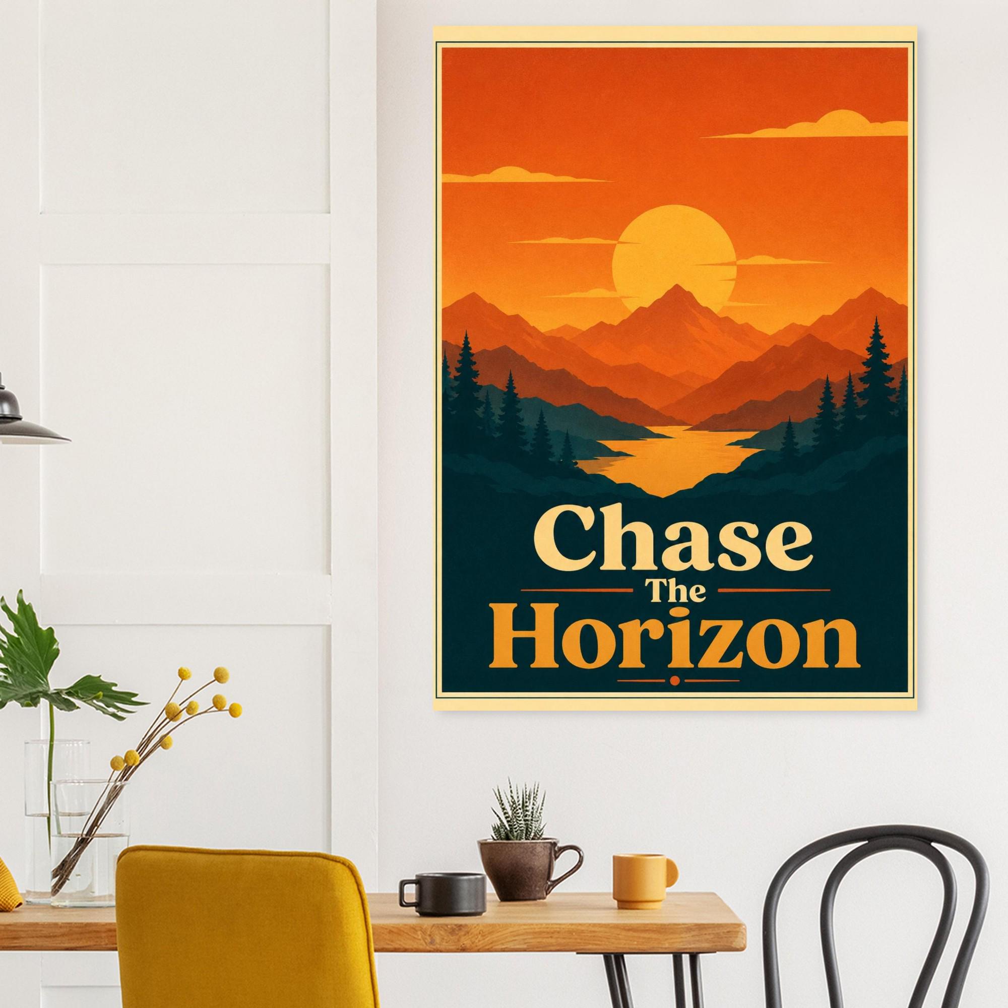 Chase The Horizon Retro Sunset Poster, Mountain Wall Art, Vintage Travel Print, Minimalist Landscape Poster, Inspirational Wall Decor | Etsy product mockup