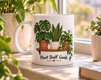Mug « Objectif étagère à plantes » avec illustration de plante d'intérieur pour les amoureux de la jungle intérieure
