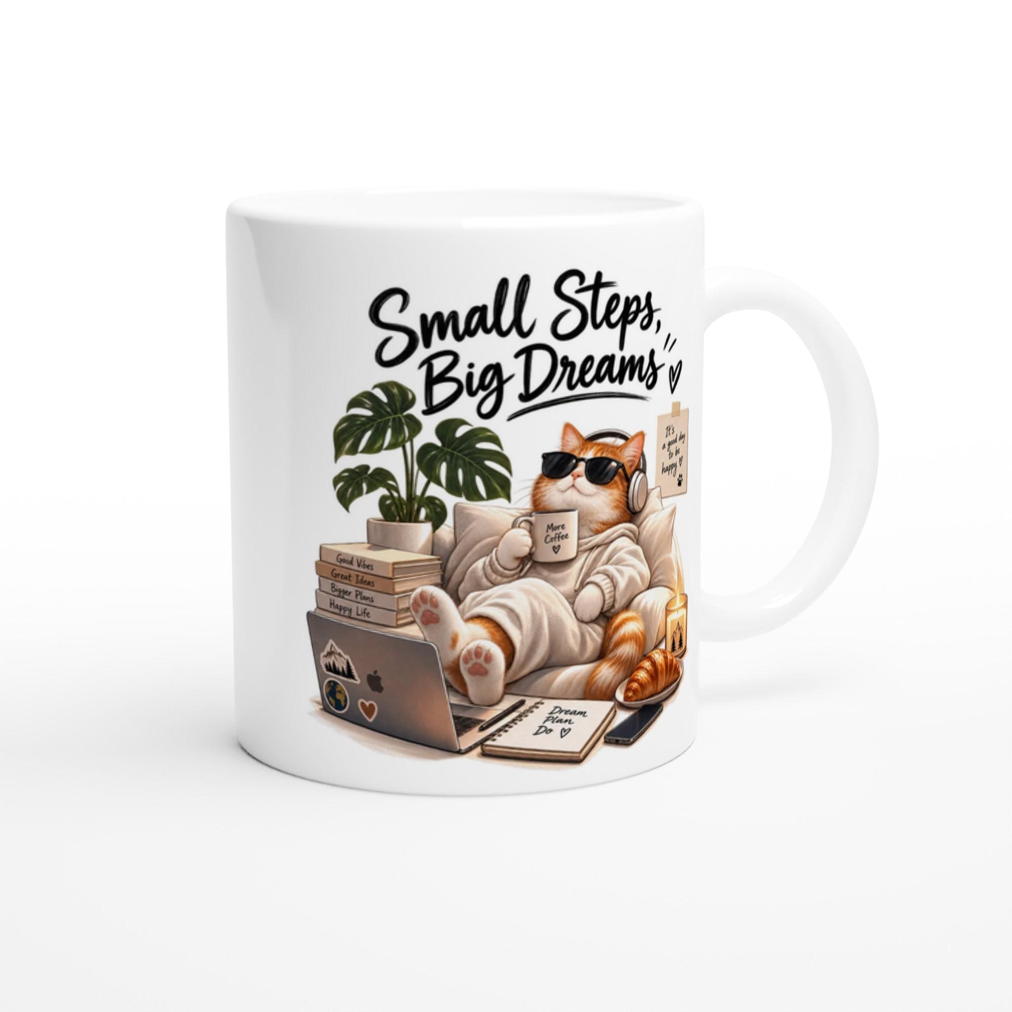Small Steps Big Dreams Mug, Cozy Cat Coffee Mug, Motivational Cat Lover Gift, Cute Cat Illustration Mug, Work From Home Mug | Etsy product mockup