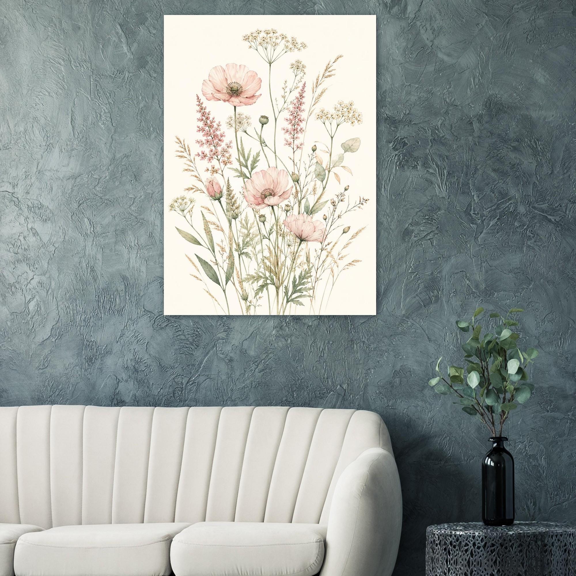 Wildflower Botanical Poster, Pastel Watercolor Wall Art, Sage Green Floral Print, Boho Nursery Decor, Minimalist Flower Wall Art | Etsy product mockup