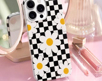 Coque de téléphone à damier et marguerites, coque rétro années 2000, coque à motif marguerites mignon, coque tendance et esthétique, coque à fleurs à damier