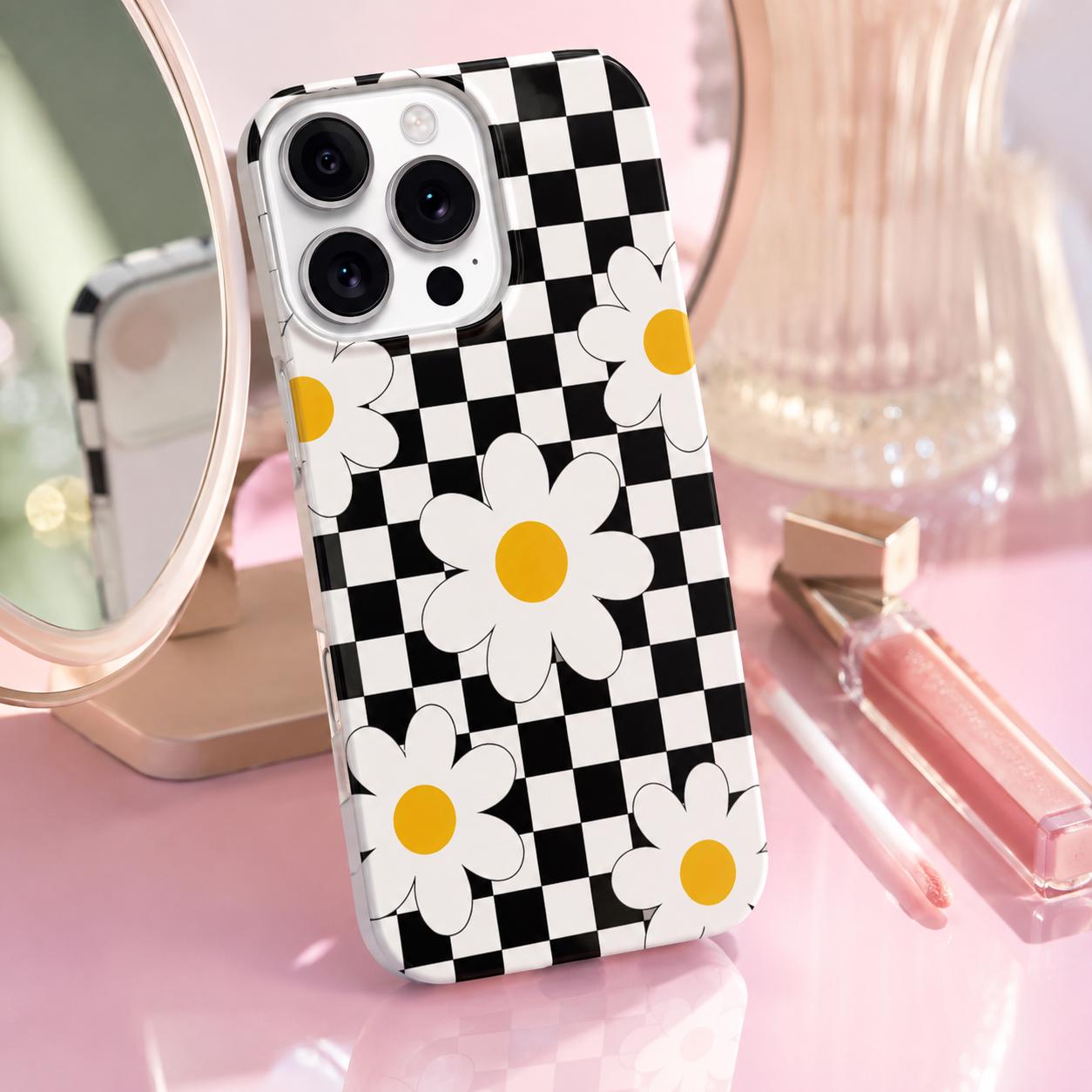Checkerboard Daisy Phone Case, Retro Y2K Phone Case, Cute Daisy Pattern Case, Trendy Aesthetic Phone Case, Checkered Flower Case | Etsy product mockup