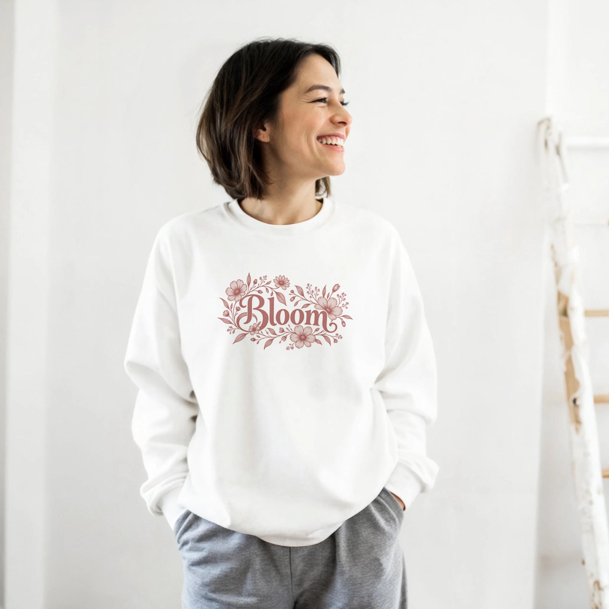 Bloom Floral Sweatshirt, Women's Cozy Crewneck, Botanical Wreath Pullover, Aesthetic Sweatshirt Gift, Soft Feminine Sweater | Etsy product mockup