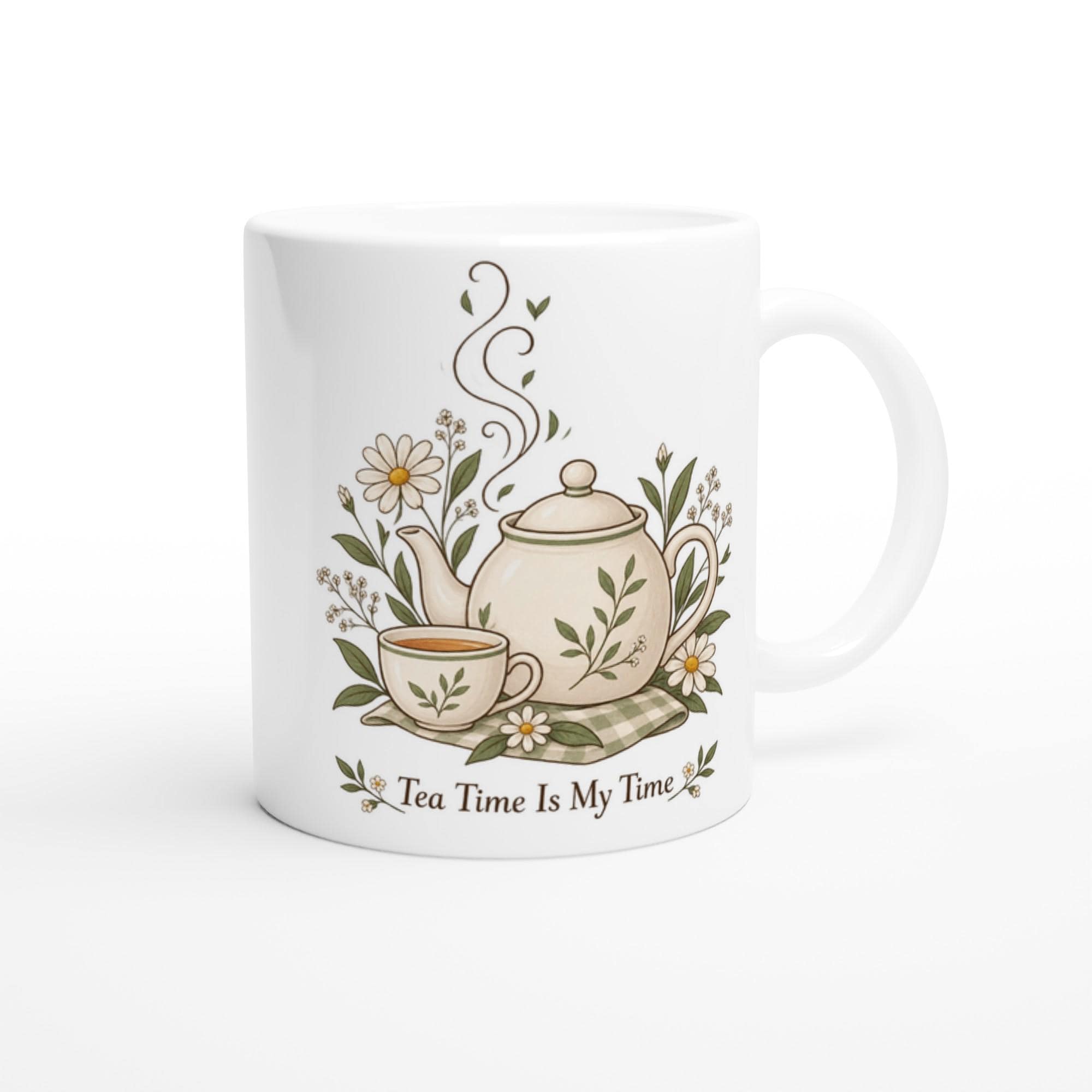 Tea Time Is My Time Mug, Tea Lover Coffee Mug Gift, Cottagecore Teapot Mug, Cozy Tea Aesthetic Cup, Minimalist Tea Gift Mug | Etsy product mockup