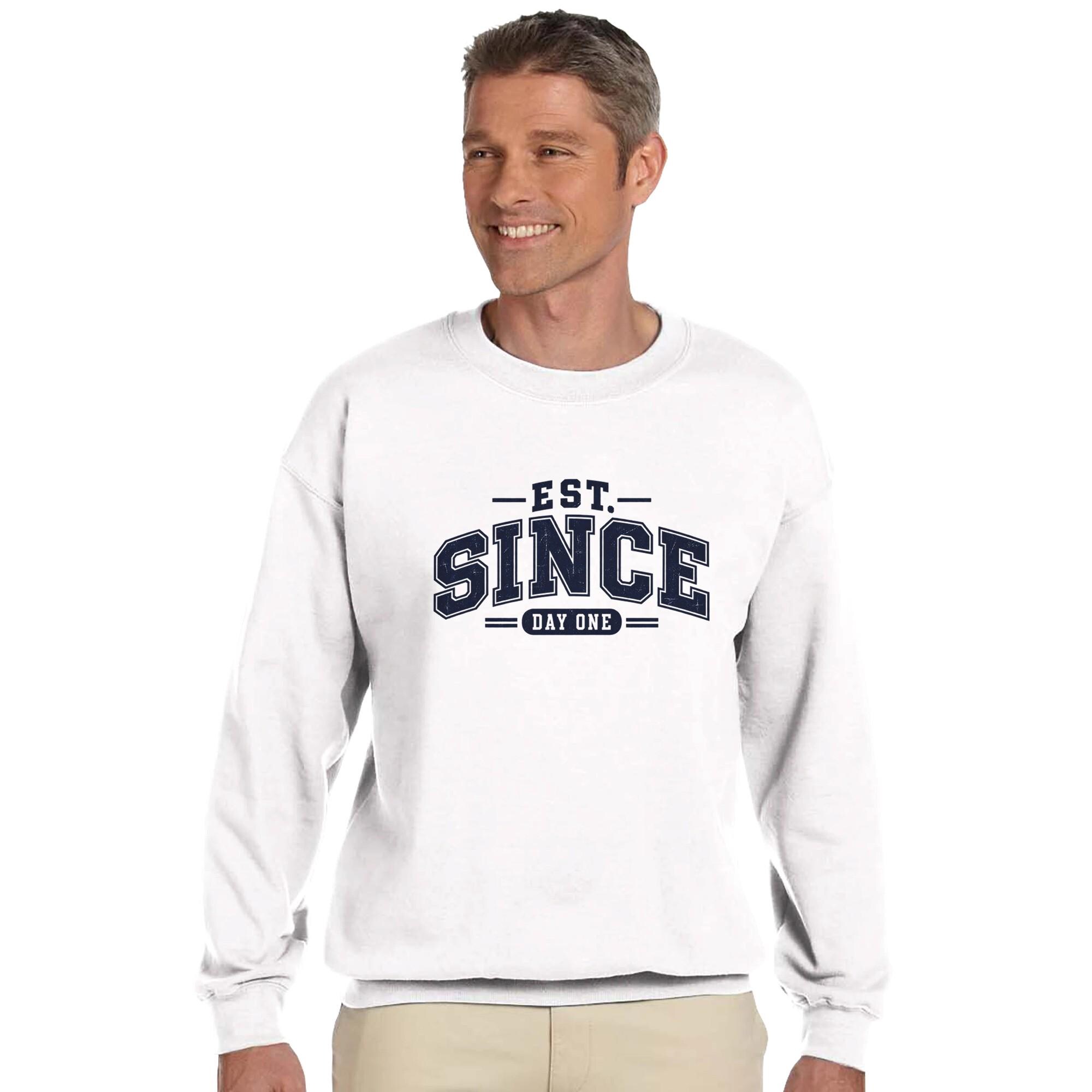 Est Since Day One Sweatshirt, Vintage Varsity Crewneck, Men's Cozy Sweatshirt, Collegiate Style Pullover, Retro Typography Sweater | Etsy product mockup