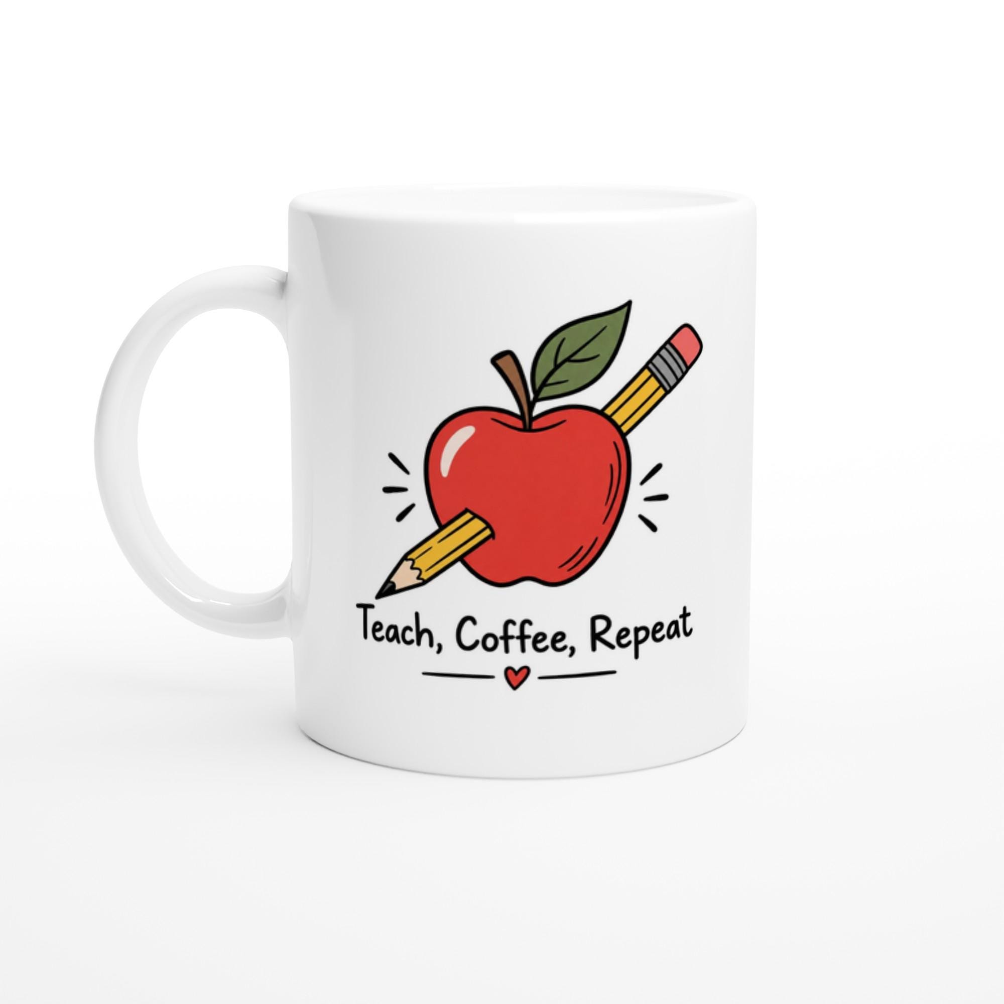 Teach Coffee Repeat Mug, Teacher Coffee Mug Gift, Cute Teacher Appreciation Mug, Minimalist Apple Mug, Teacher Gift Coffee Cup | Etsy product mockup