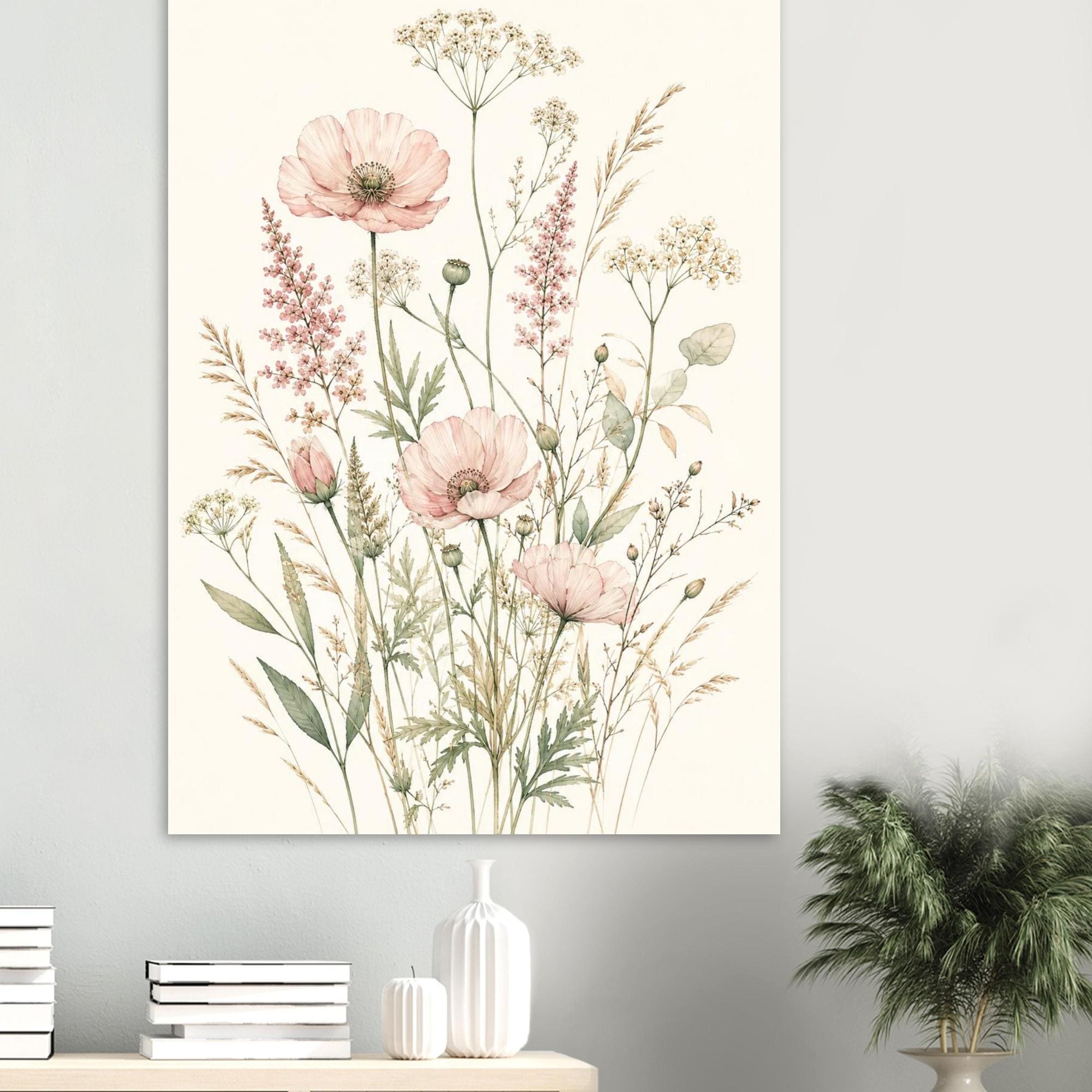 Wildflower Botanical Poster, Pastel Watercolor Wall Art, Sage Green Floral Print, Boho Nursery Decor, Minimalist Flower Wall Art | Etsy product mockup
