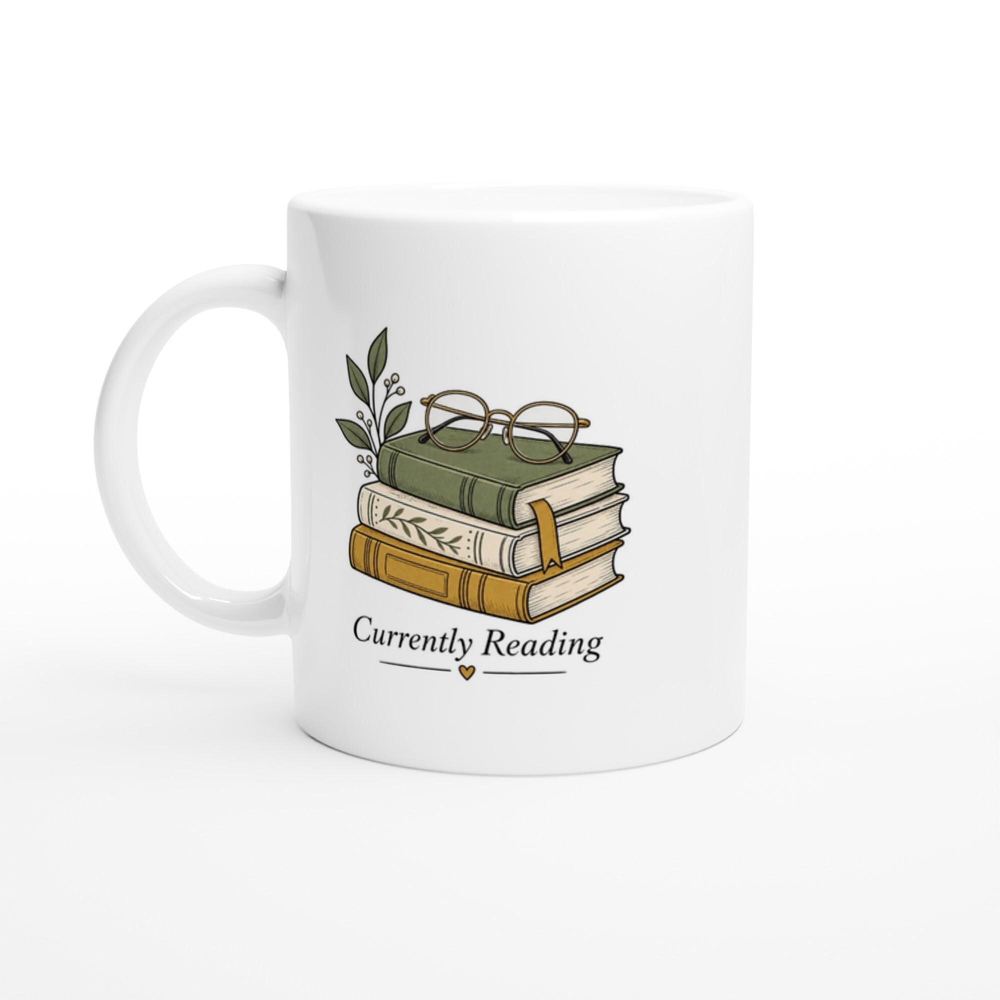 Currently Reading Mug, Book Lover Coffee Mug, Cozy Reader Gift Mug, Bookish Aesthetic Cup, Book Stack Coffee Mug | Etsy product mockup