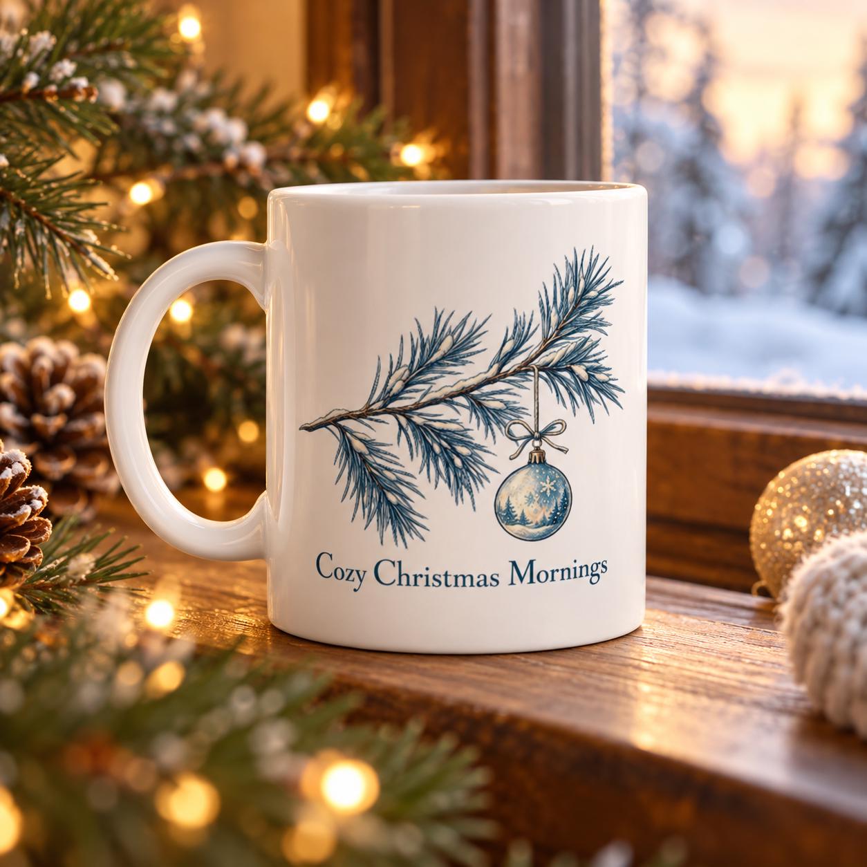 Cozy Christmas Mornings Mug featuring Minimalist Pine and Glacial Blue Design | Etsy product mockup