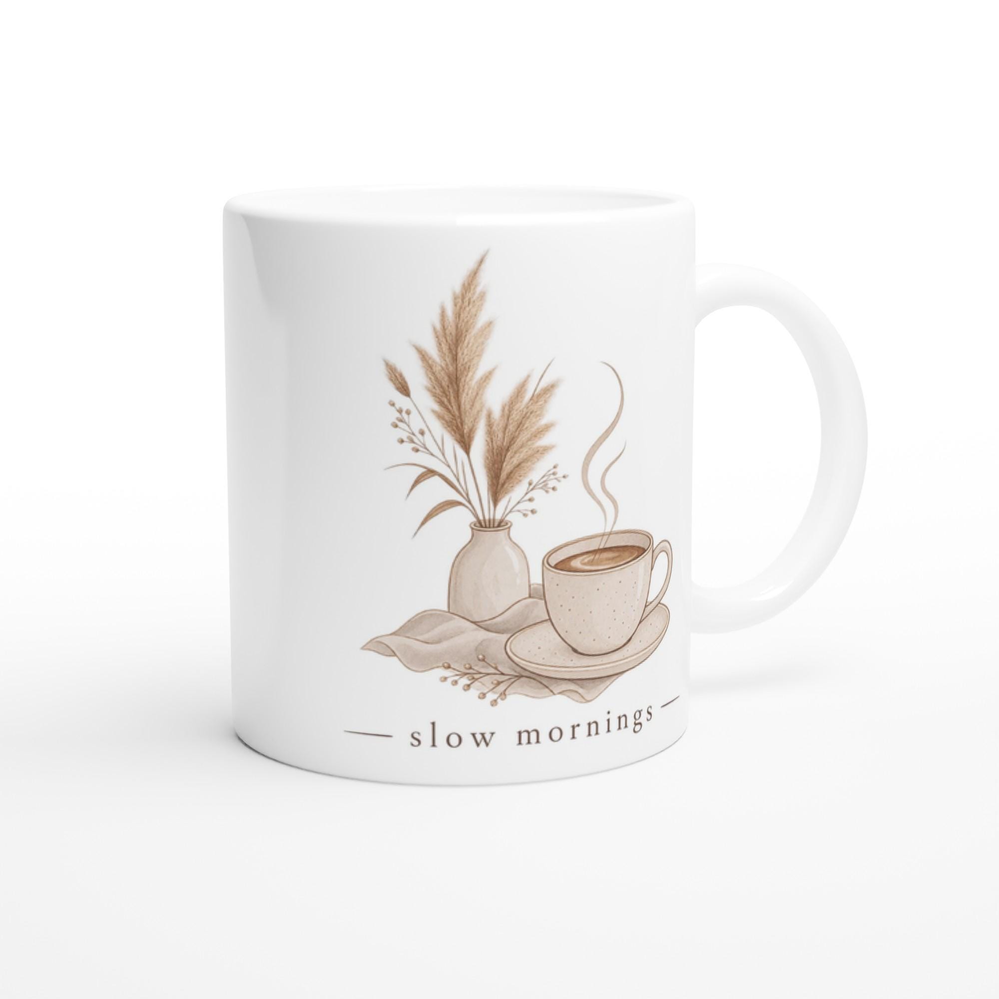 Slow Mornings Mug, Minimalist Aesthetic Coffee Mug, Boho Neutral Coffee Cup, Cozy Cottagecore Mug, Calm Aesthetic Gift Mug | Etsy product mockup